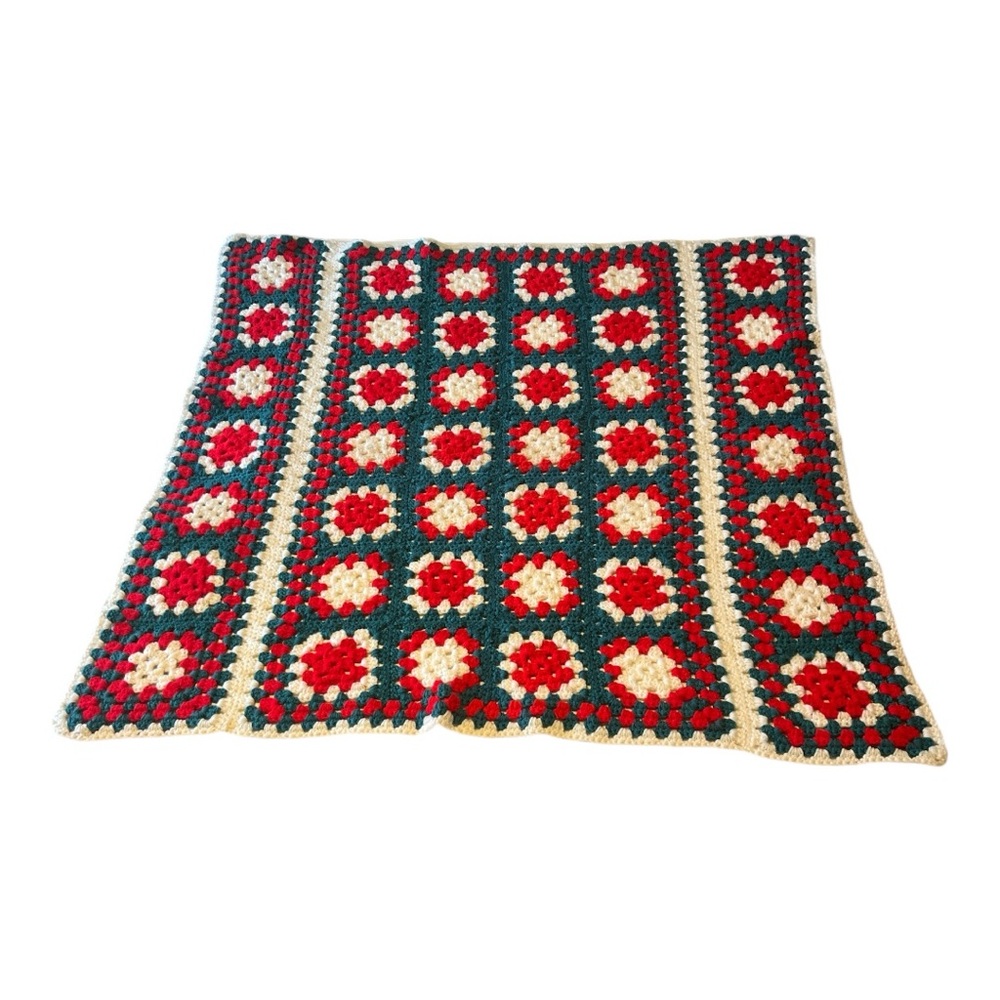 Granny Square Red and Green and white Crochet afghan approximately 40” x 40”